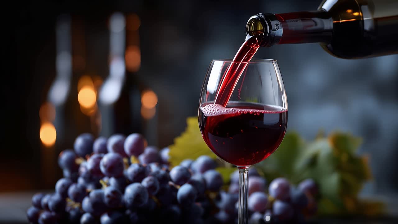 Vino rosso si versa in un bicchiere, ricco e lento. L'uva luccica accanto al bicchiere, fresca e scura. Luci calde sfocano delicatamente sullo sfondo. La scena appare calma, invitante e lussuosa