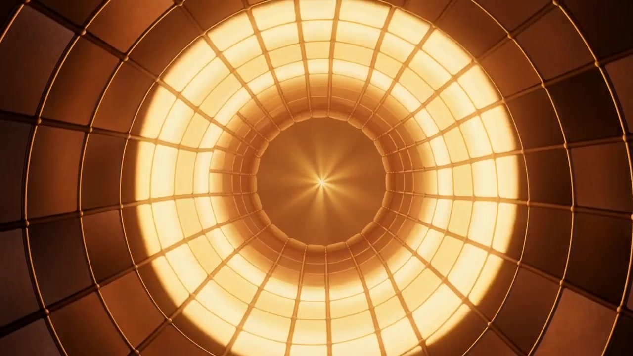 Pulsing amber ring causing cylinder spin, showing metal tiles and central starburst at chamber axis