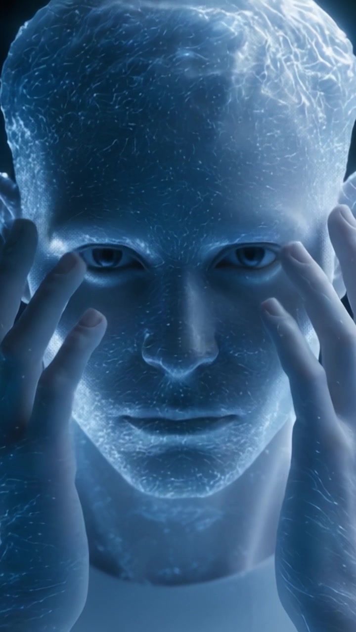 Una trasformazione drammatica: una figura futuristica che emerge da una realtà distorta con schemi di energia eterei che circondano la sua forma