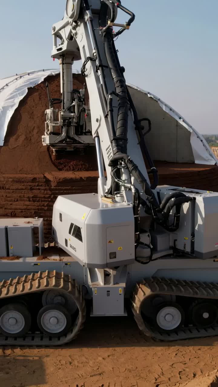 Vertical video: Cycle starting tracked handler digging with grapple and reshaping tarp pile at yard