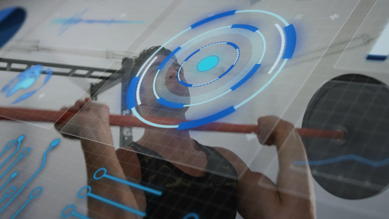 Man gripping red bar, pulling up for fitness in gym, blue HUD tracking upper torso