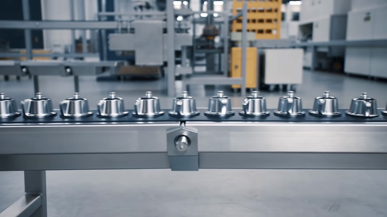 Metal Parts On Conveyor Belt Moving Through Automated Assembly Line In Hightech Factory, Stainless Steel