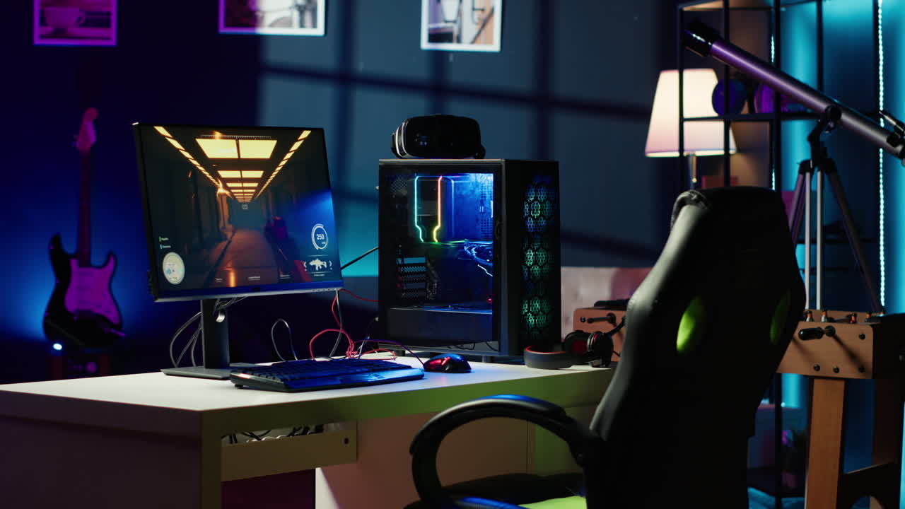 네온 조명과 함께 전문 게임 빈 방 스튜디오