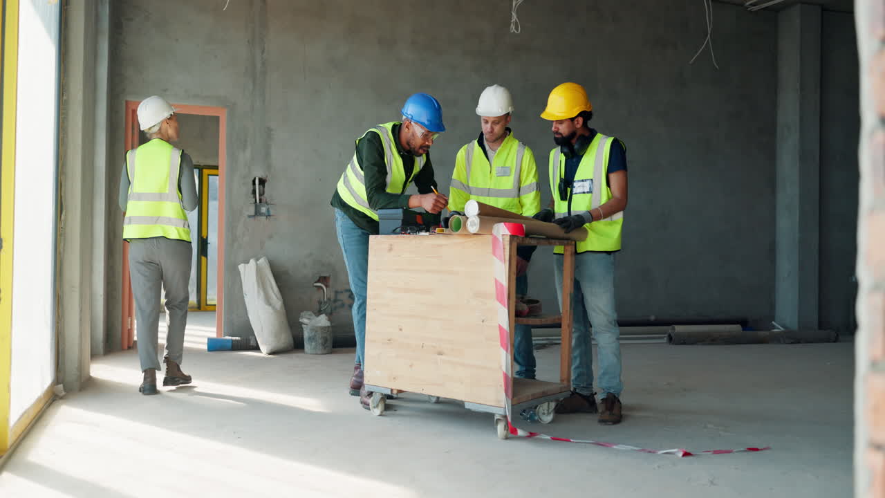 Construction Workers Reviewing Plans on a Construction Site