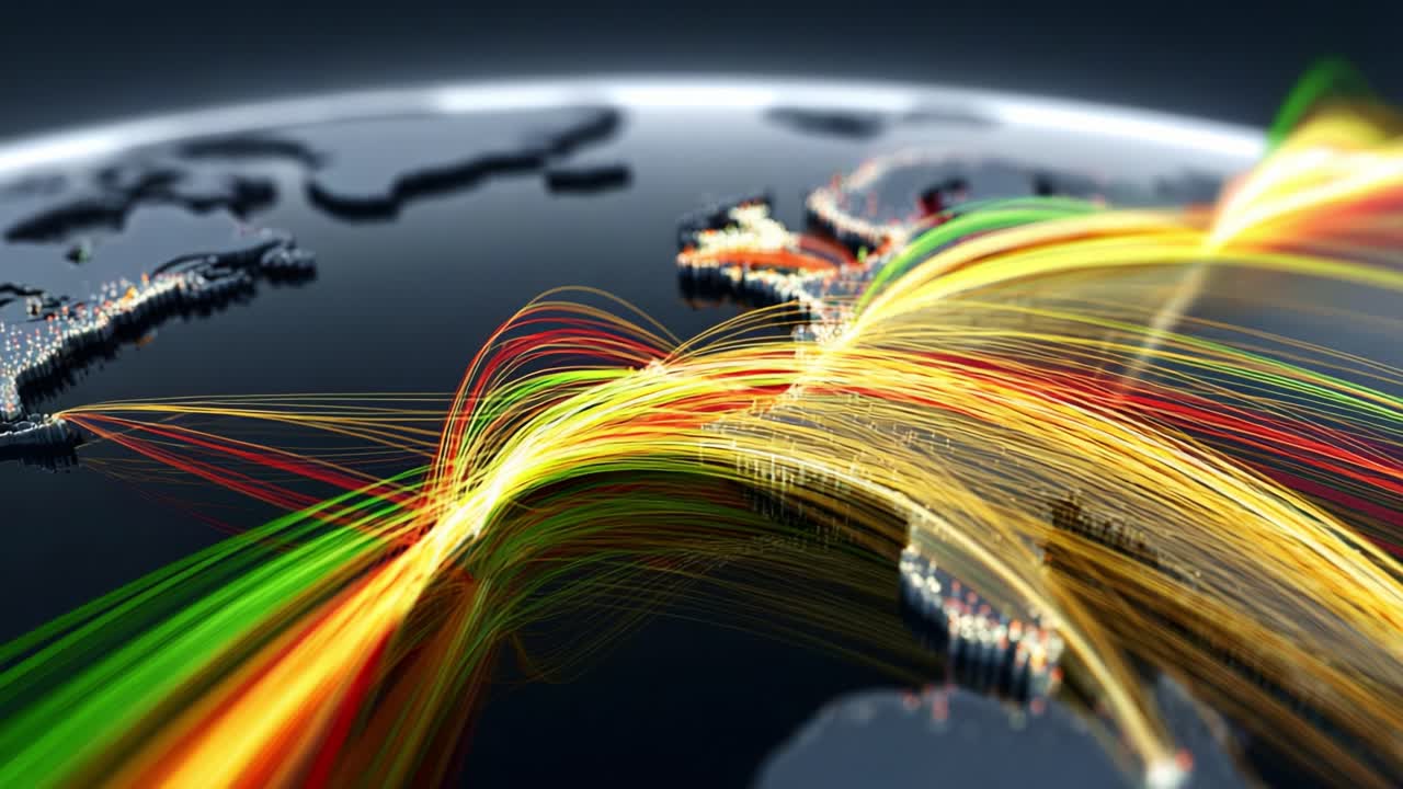 Dynamic Visualization of Global Connectivity: A Stunning Representation of Data Flow Across Continents with Colorful Trajectories Illustrating Network Interactions Over the Globe