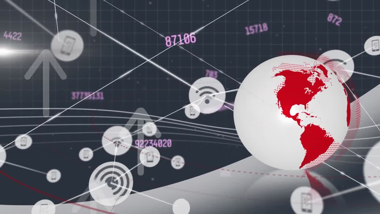 анимация сети соединений с иконками над обработкой данных на черном фоне