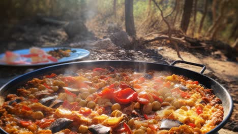 large steaming paella pan cooking on embers in the woods, with a plate of appetizers in the background and sunlight filtering through the trees