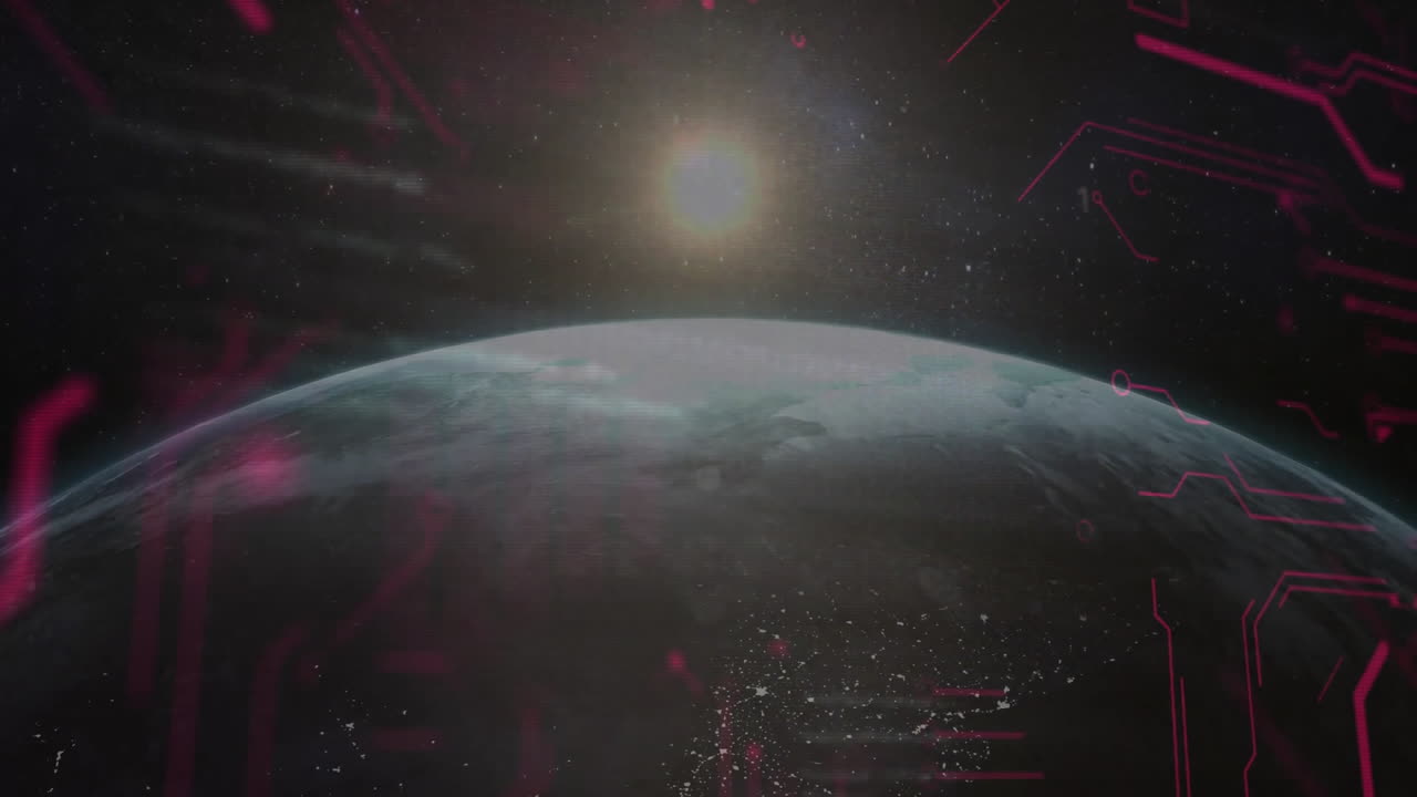 Planet Earth drifting across cosmic void in 3D render, showing solar glow and digital code overlay