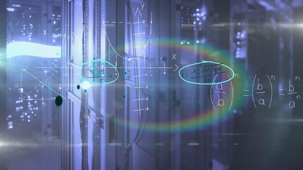 Mathematical equations and rainbow flare against empty server room
