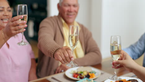 family, hands and toast glass with champagne