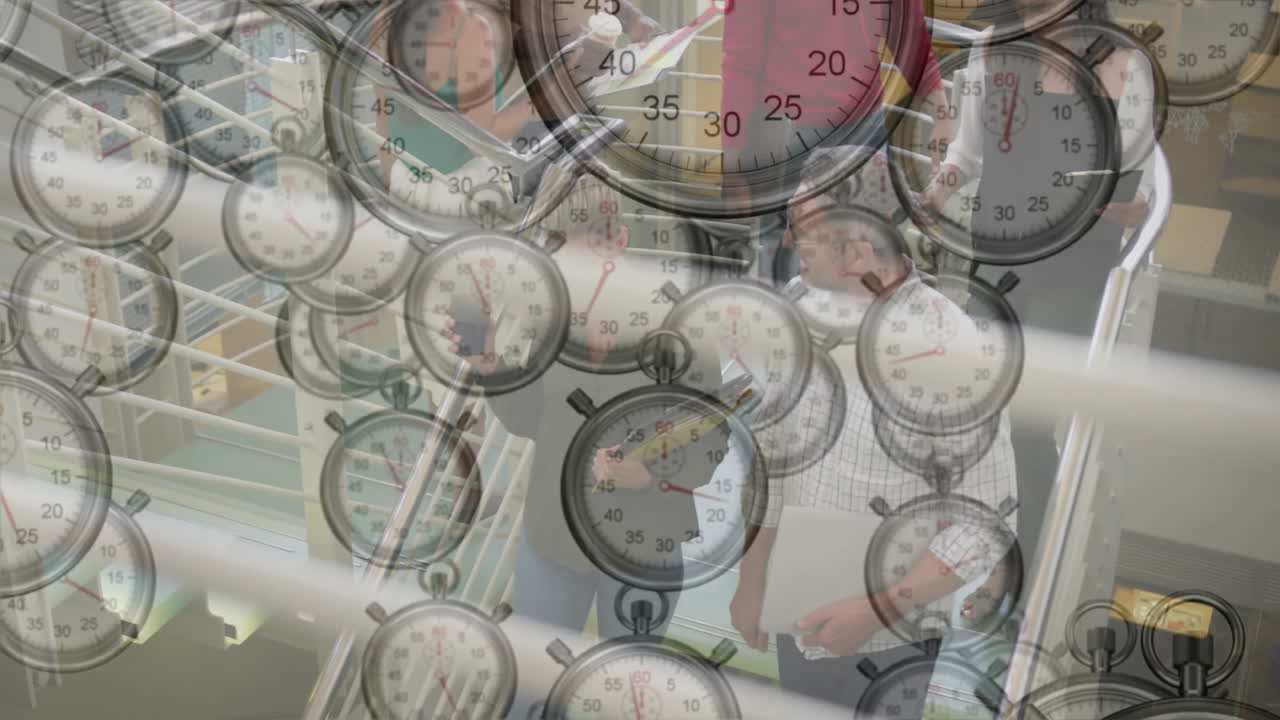 Animation of stopwatches overlapping people working in office for time management
