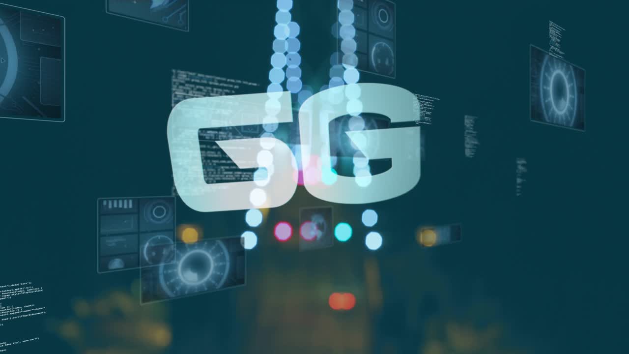 Animaatio 6G-tekstistä, tiedonkäsittelystä ja skannaavista näytöistä epätarkkojen kaupungin valojen yllä