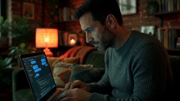 Man Working On Laptop While Sitting On Couch, Futuristic Technology Theme With Smooth Motion