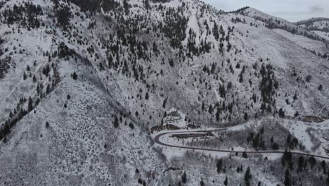 snow covered mountains at american fork canyon in utah, aerial shot