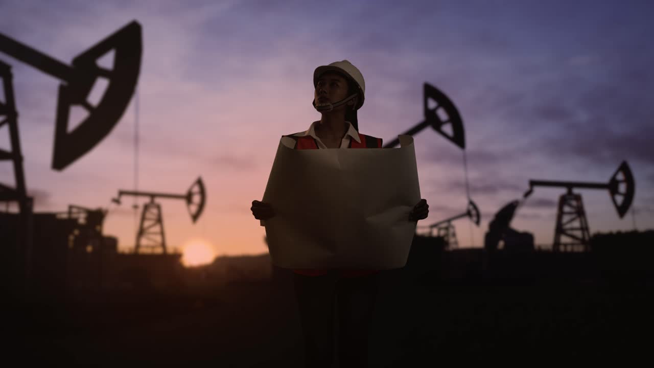 ingeniera asiática con casco de seguridad inspecciona las bombas de aceite al amanecer en un gran campo petrolífero. mirando el plano en sus manos y mirando a su alrededor