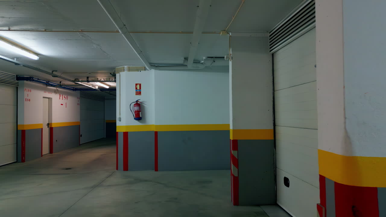 폐쇄된 창고 게이트와 함께 현대적인 입구 빈 복도 조명 램프.