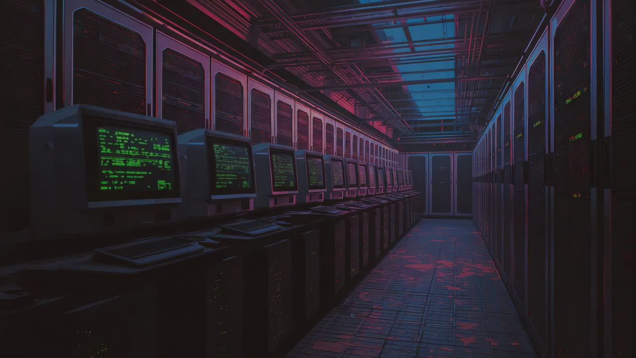 Data center corridor shining in red blue lights, CRT monitors flickering code and racks pulsing LED