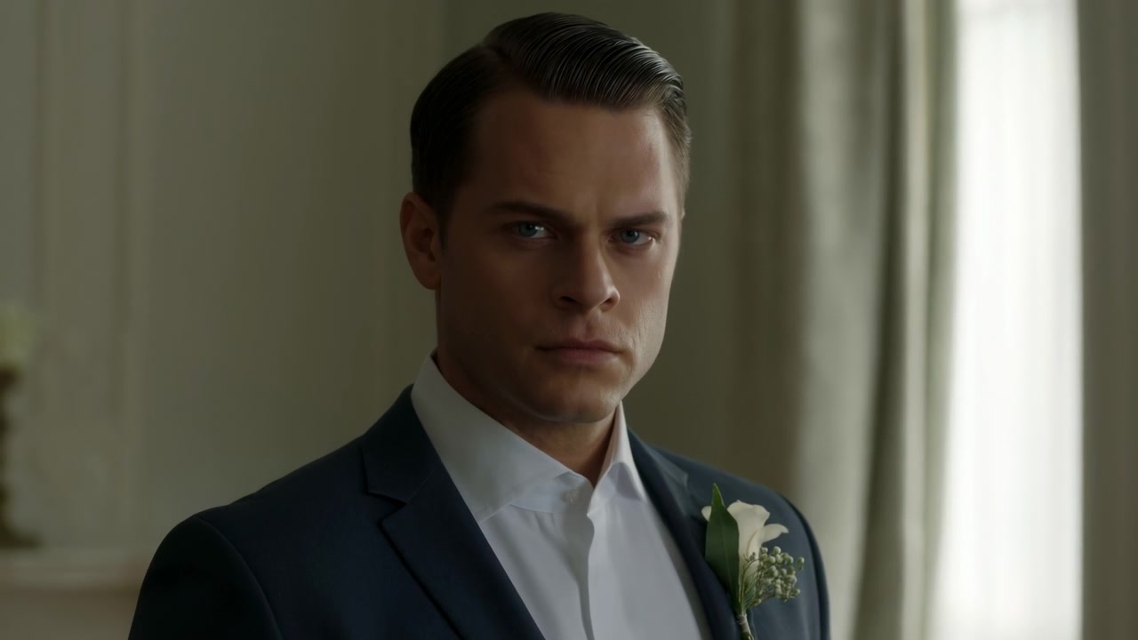 Un ritratto ravvicinato mostra un uomo che rimane quasi immobile in abiti formali, con un leggero movimento della testa e degli occhi, una boutonnière floreale bianca, luce diurna soffusa, tende e uno sfondo interno dai toni smorzati.