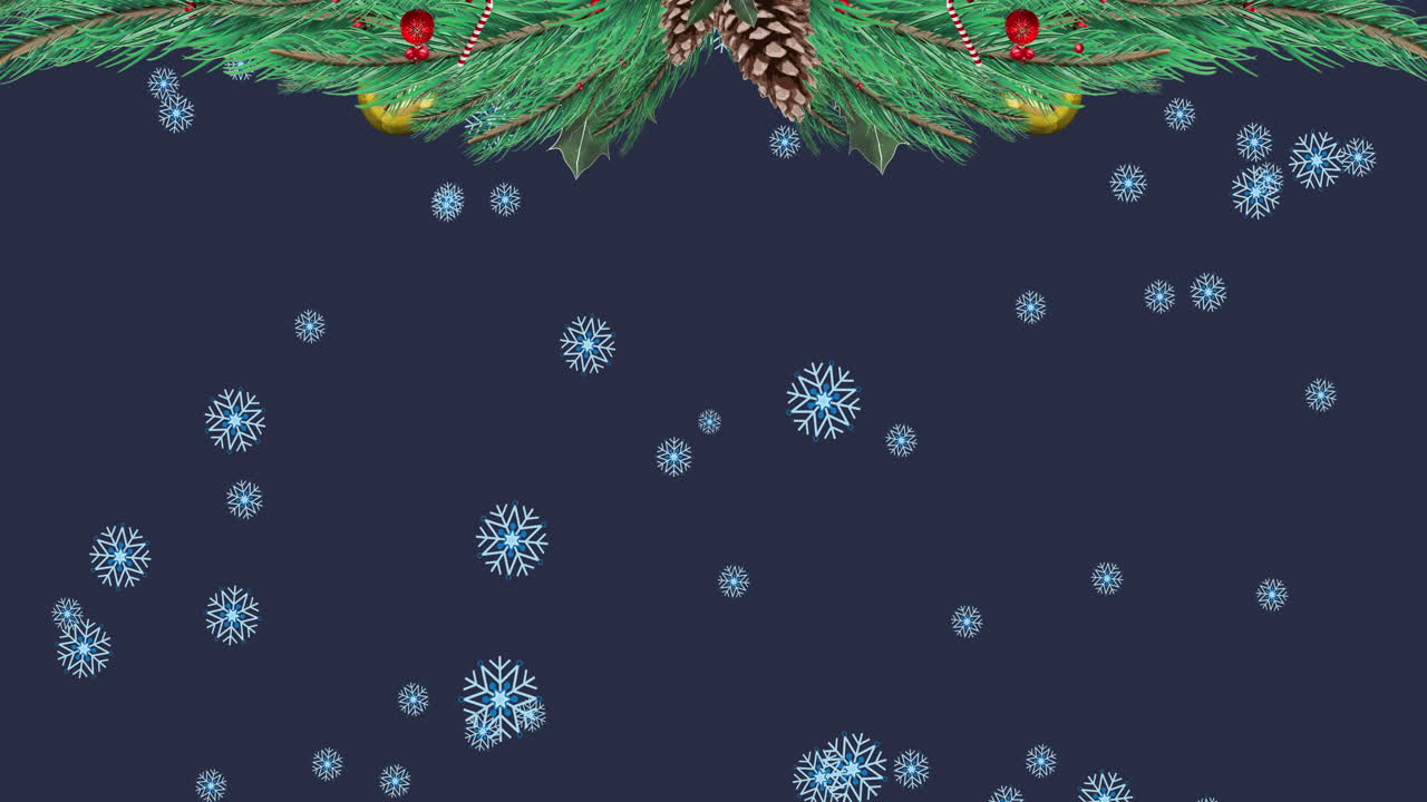 animación de ramas de abeto sobre la nieve que cae sobre un fondo oscuro