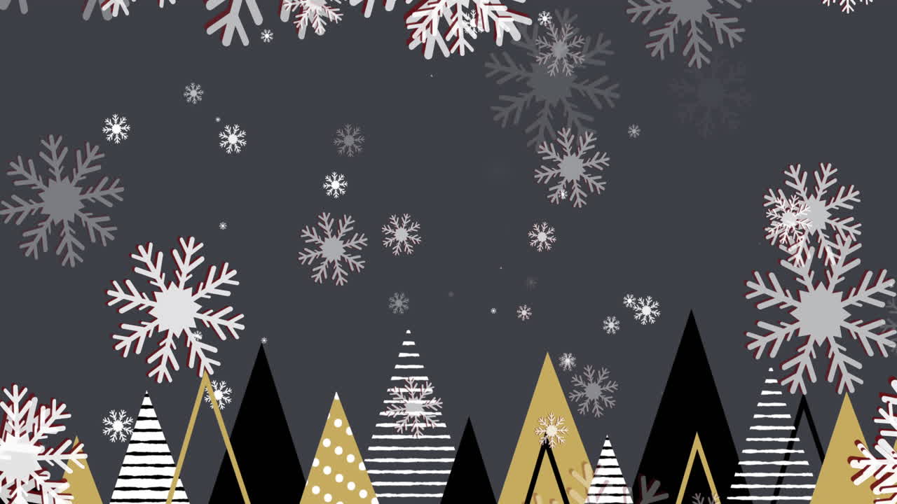 animación de copos de nieve cayendo sobre árboles de navidad en un fondo gris oscuro