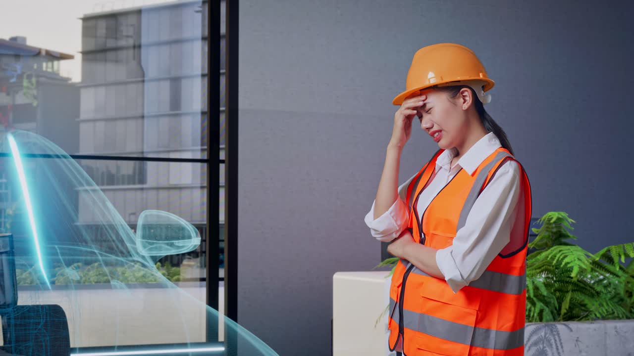 안전 헬을 입은 아시아 여성 엔지니어가 전기 차량 개념을 연구하는 동안 두통을 고 있는 측면 시각