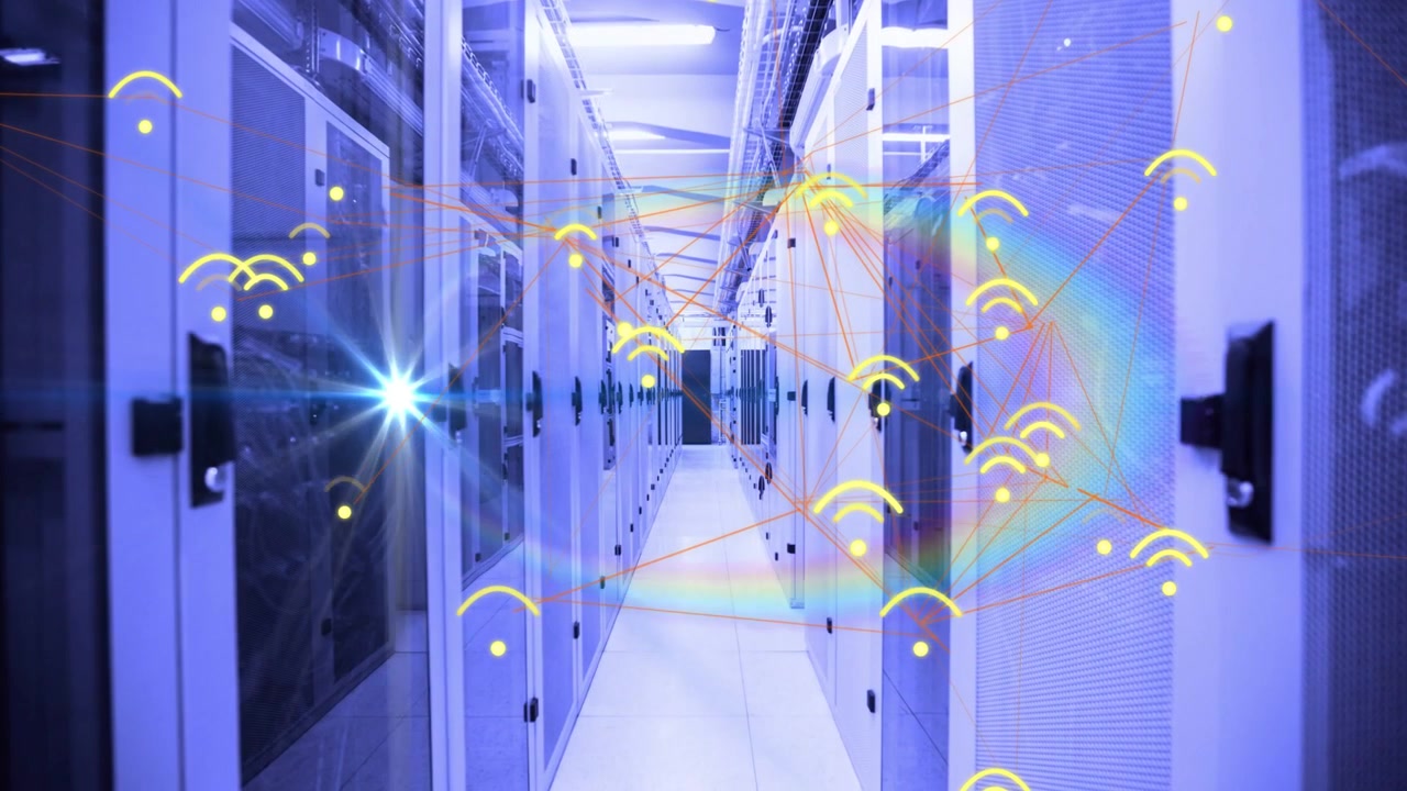 Animating central server aisle with few faint yellow glyphs appearing, orange lines linking racks