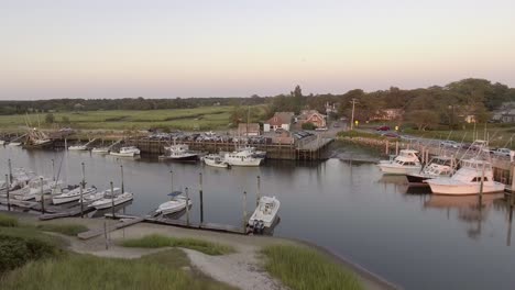 Drone-view-of-boats-at-Rock-Harbor-in-Cape-Cod,-Massachusetts