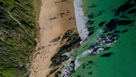 drone shot from above of pearl point showing cliffs, long staircase to the beach, and surfable waves rolling in as the camera slowly zooms out. captured in east gippsland, victoria