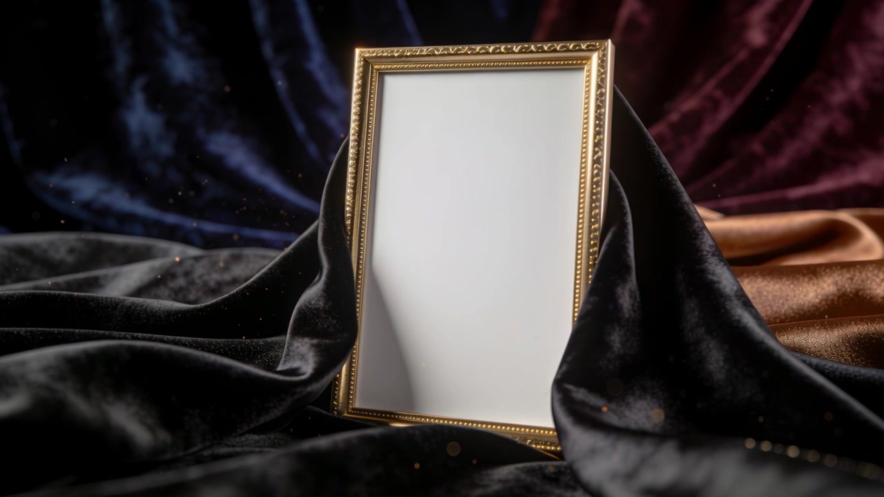 Sich verschiebender Samtstoff enthüllt einen verzierten Goldrahmen auf einem Studiotisch für eine Produktpräsentation mit Goldstaub.