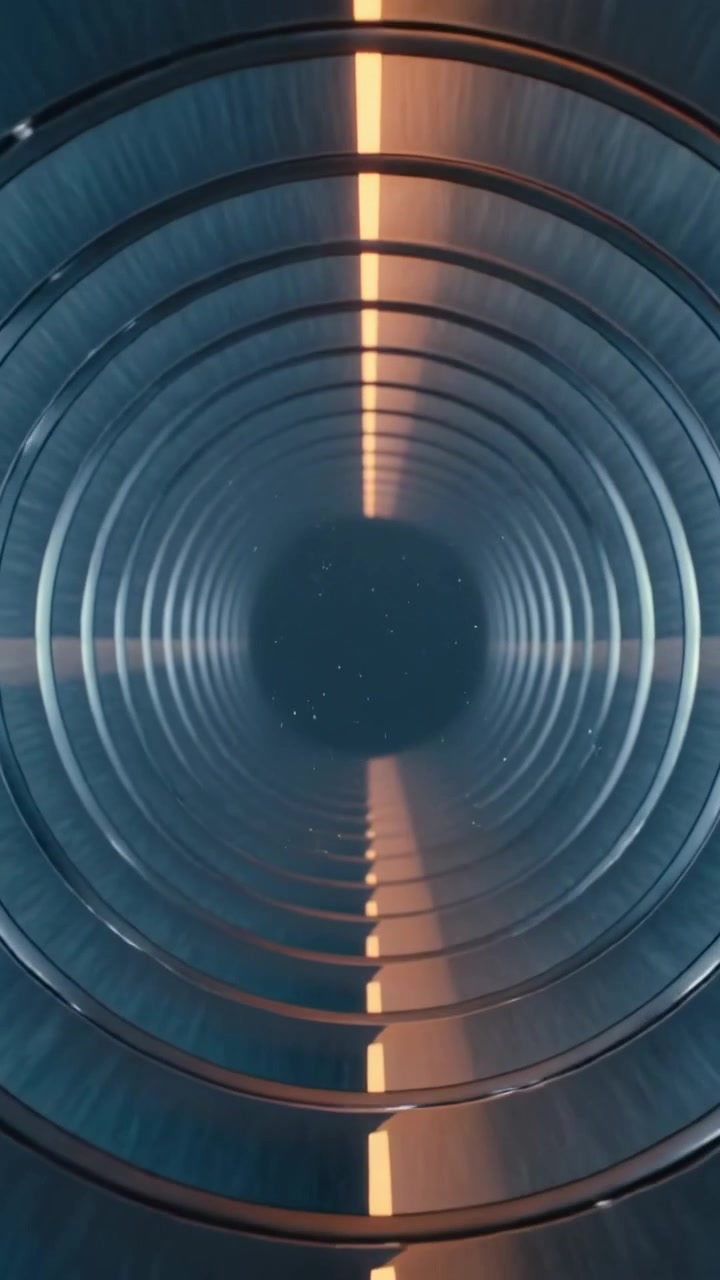 Vertical video: Advancing camera moving through metal rings toward dark opening orange bar glowing