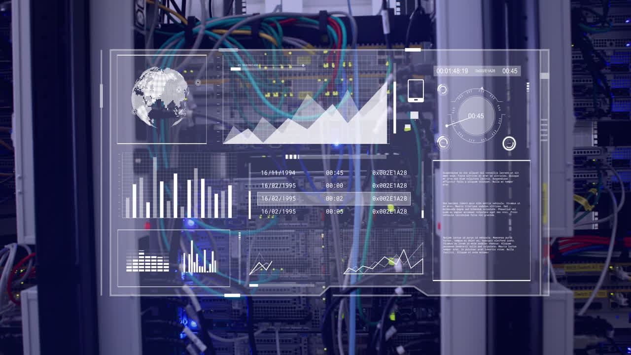 animación del procesamiento de datos en la sala de servidores