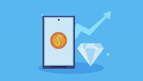 animación de negocios financieros con teléfono inteligente y moneda