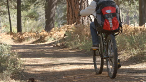 Abuelos-Y-Niños-En-Bicicleta-Por-La-Pista-Forestal,-Cámara-Lenta