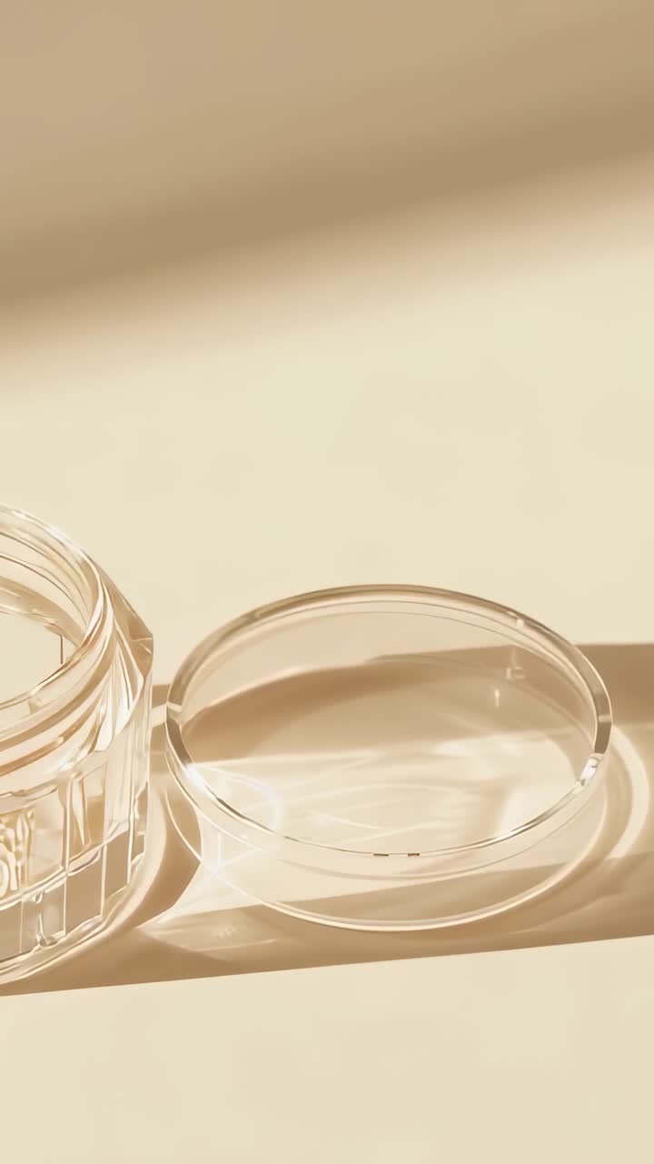 Vertical video: Starting clear cosmetic jar lying open beside lid on cream table, copy space