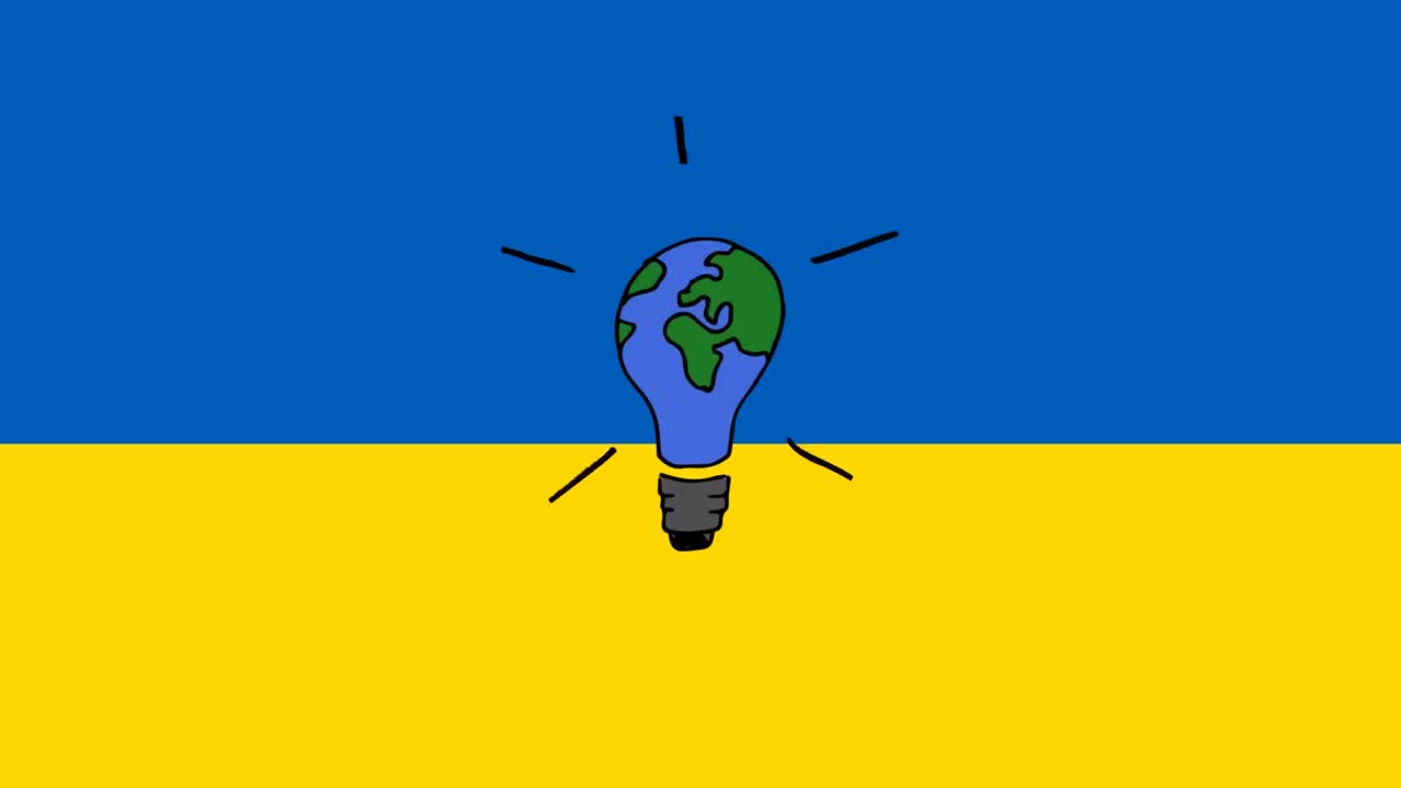 animación de una bombilla con un mapa del mundo sobre la bandera de ucrania