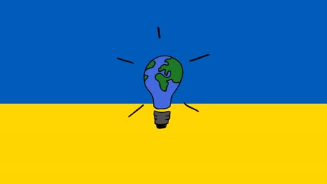 animación de una bombilla con un mapa del mundo sobre la bandera de ucrania