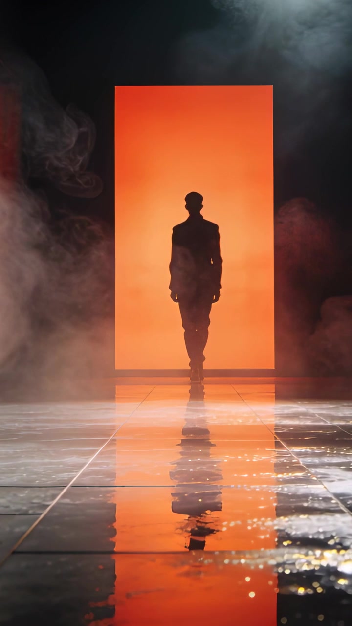 Vertical video: Emerging from lit portal suited man walking to camera on stage for reveal with haze