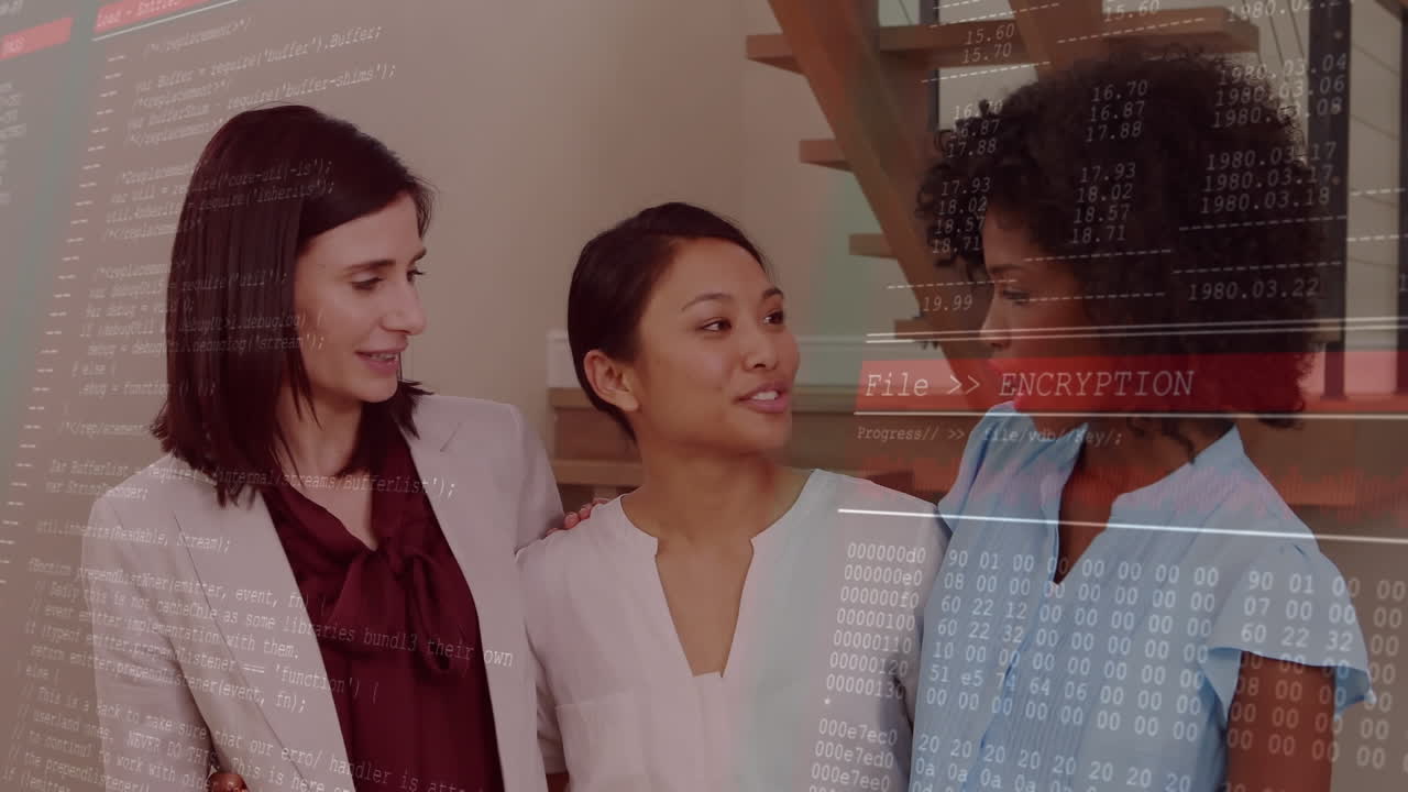 사무실에서 토론하는 다양한 여성 그룹에 대한 데이터 처리 인터페이스의 애니메이션