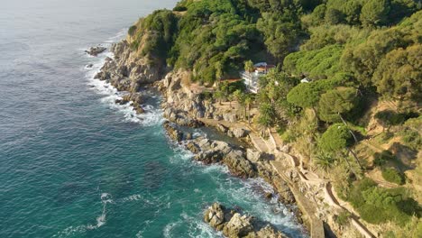 Mediterranean-Beach-Paradisiaca-Turquoise-Blue-Waters-No-People-Aerial-View-Drone-Spain-Catalunya-Costa-Brava-Blanes-Lloret-De-Mar-Mallorca-Balearic-Islands