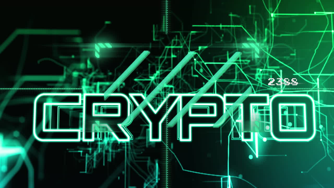 Animation of crypto text over data processing and neon network of connections