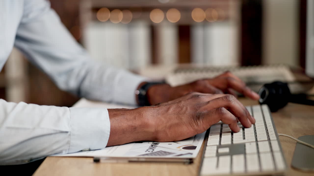 Businessman, hands and typing at night on computer