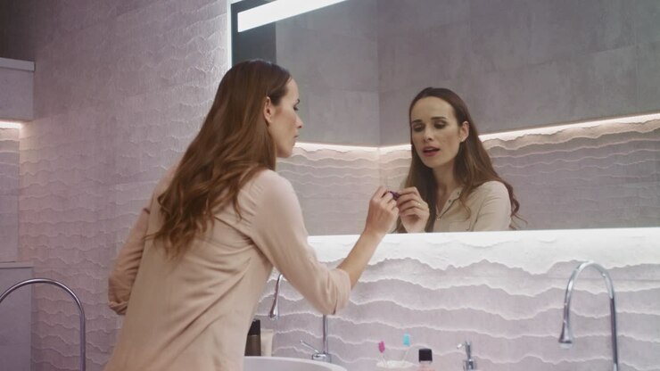 Donna d'affari che disegna un cuore con il rossetto. Donna felice che disegna un simbolo d'amore