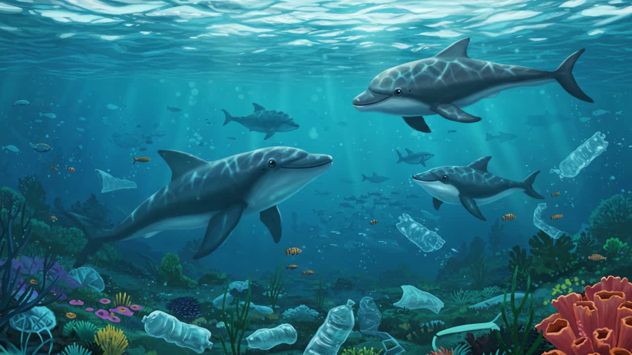 A Stunning Underwater Scene Showcasing Dolphins Swimming Gracefully Amongst Lush Marine Life and Pollution, Highlighting the Contrast Between Nature and Human Impact