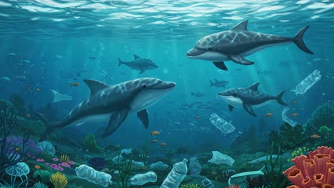 a stunning underwater scene showcasing dolphins swimming gracefully amongst lush marine life and pollution, highlighting the contrast between nature and human impact