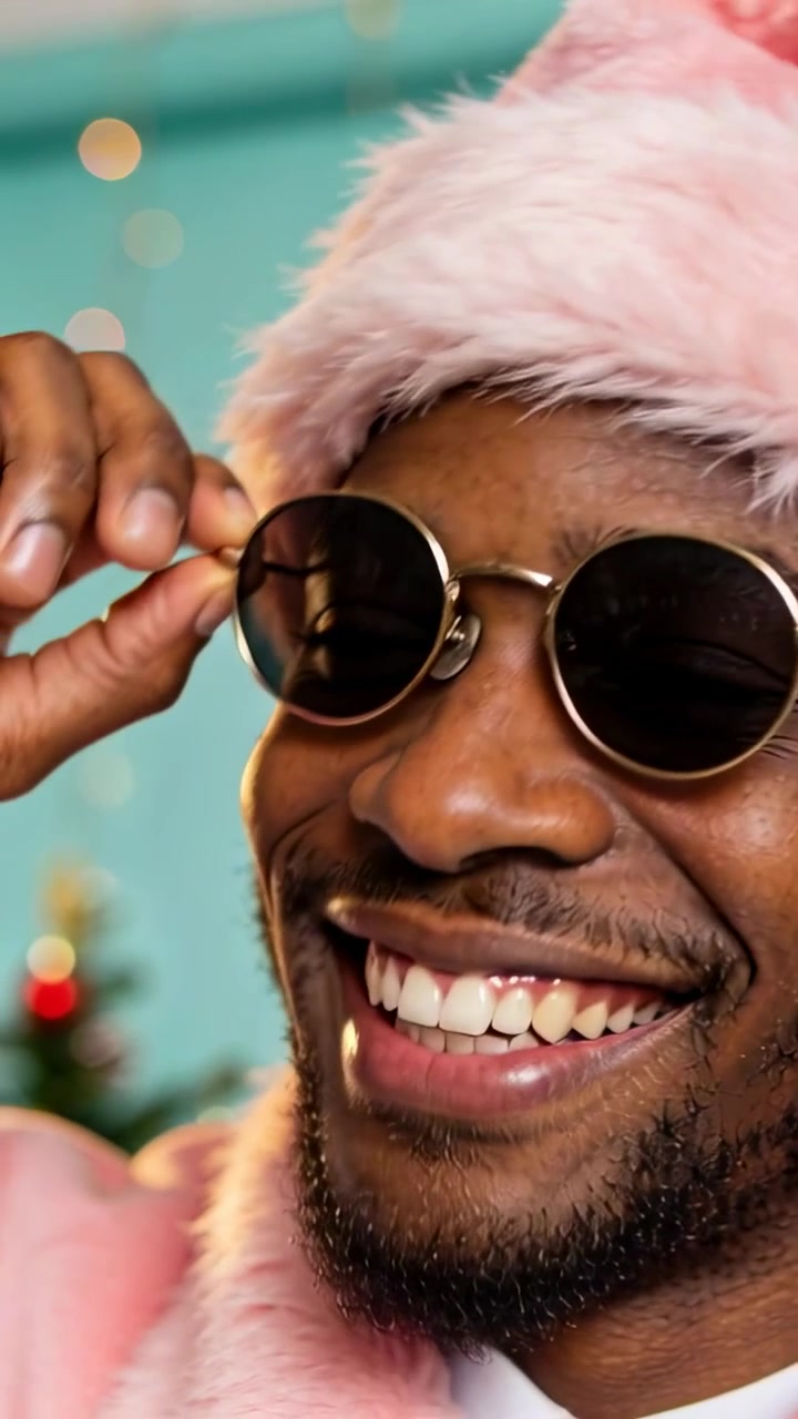 Vertical video: Smiling man in Santa hat robe holding rim, adjusting round shades at home for cheer