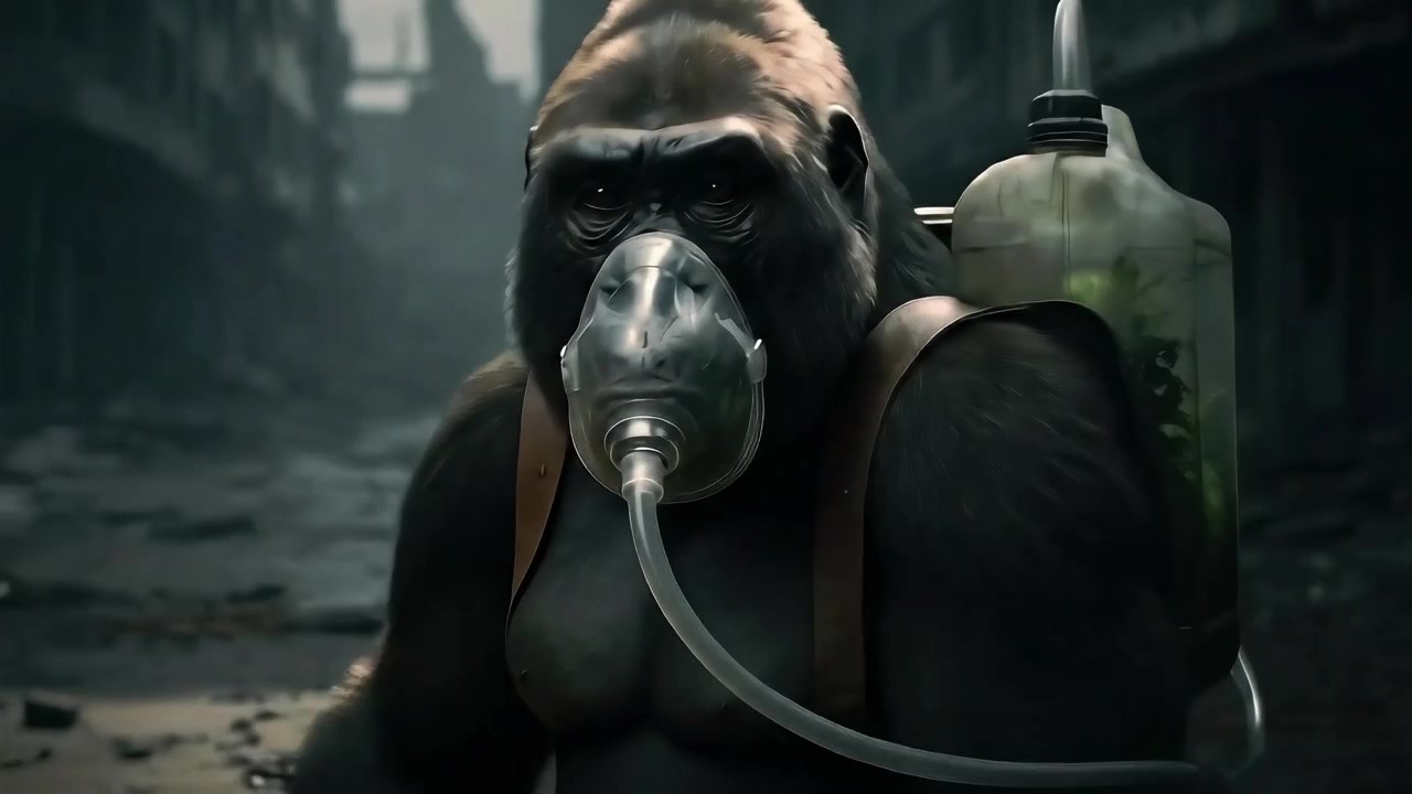 Gorilla con Maschera d'Ossigeno e Zaino Terrario per Piante in una Città in Rovina
