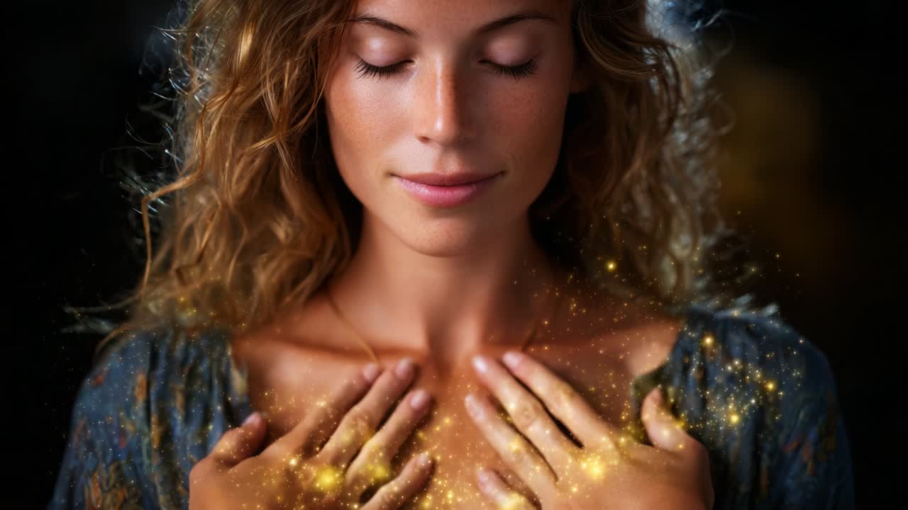A serene and ethereal moment captures a woman's intimate connection with herself, radiating a soft glow and a magical aura, as her hands rest gently over her chest, evoking feelings of peace and self-discovery