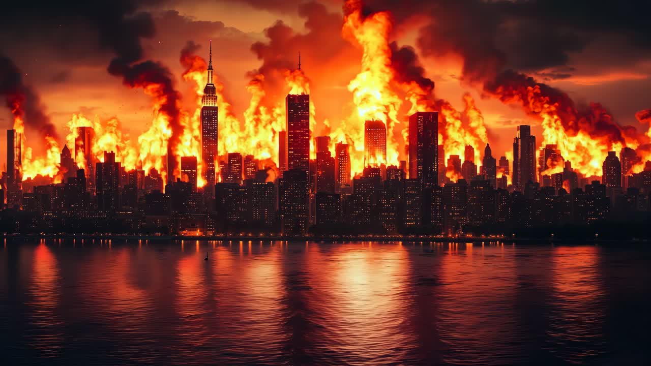 물 속 에 반사 되어 있는 불타는 도시 의 전망