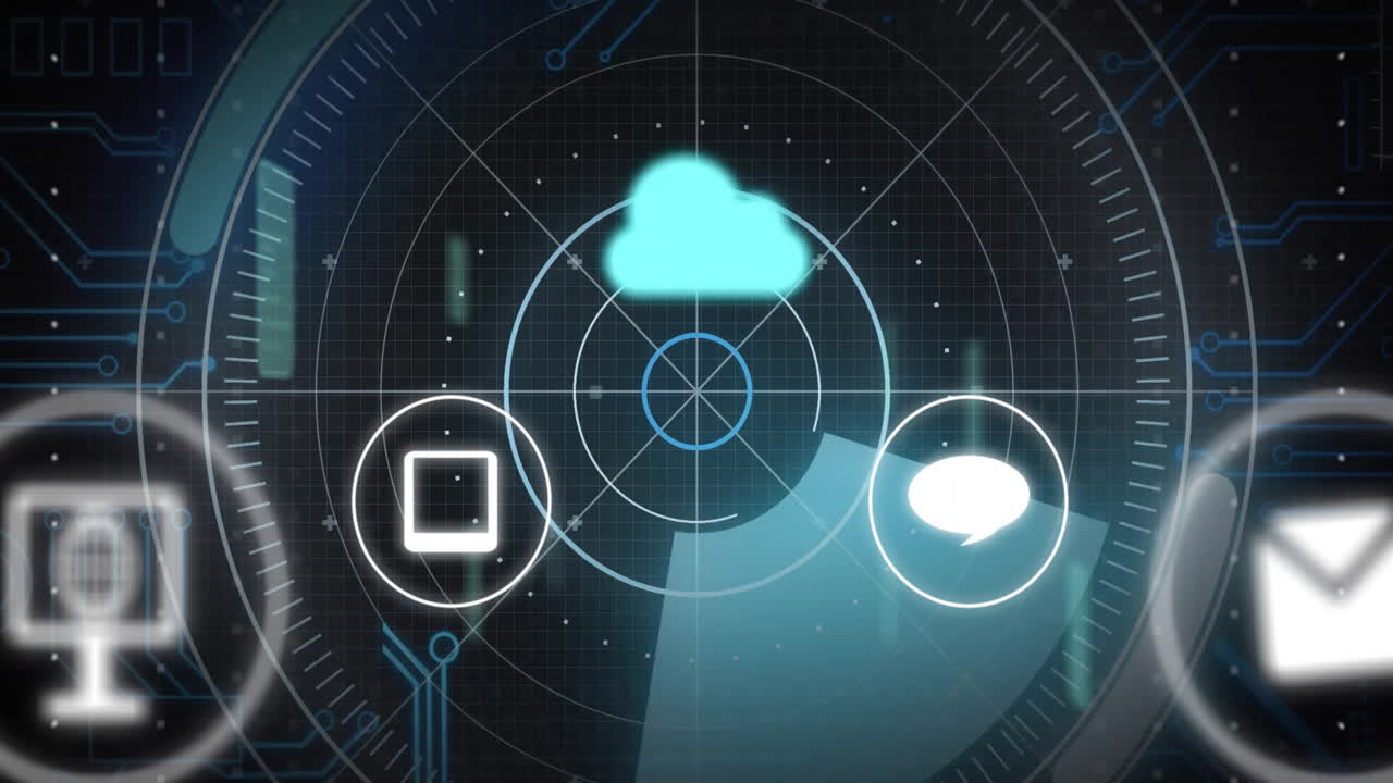 Futuristic digital cloud computing icons showing data processing animation on screen