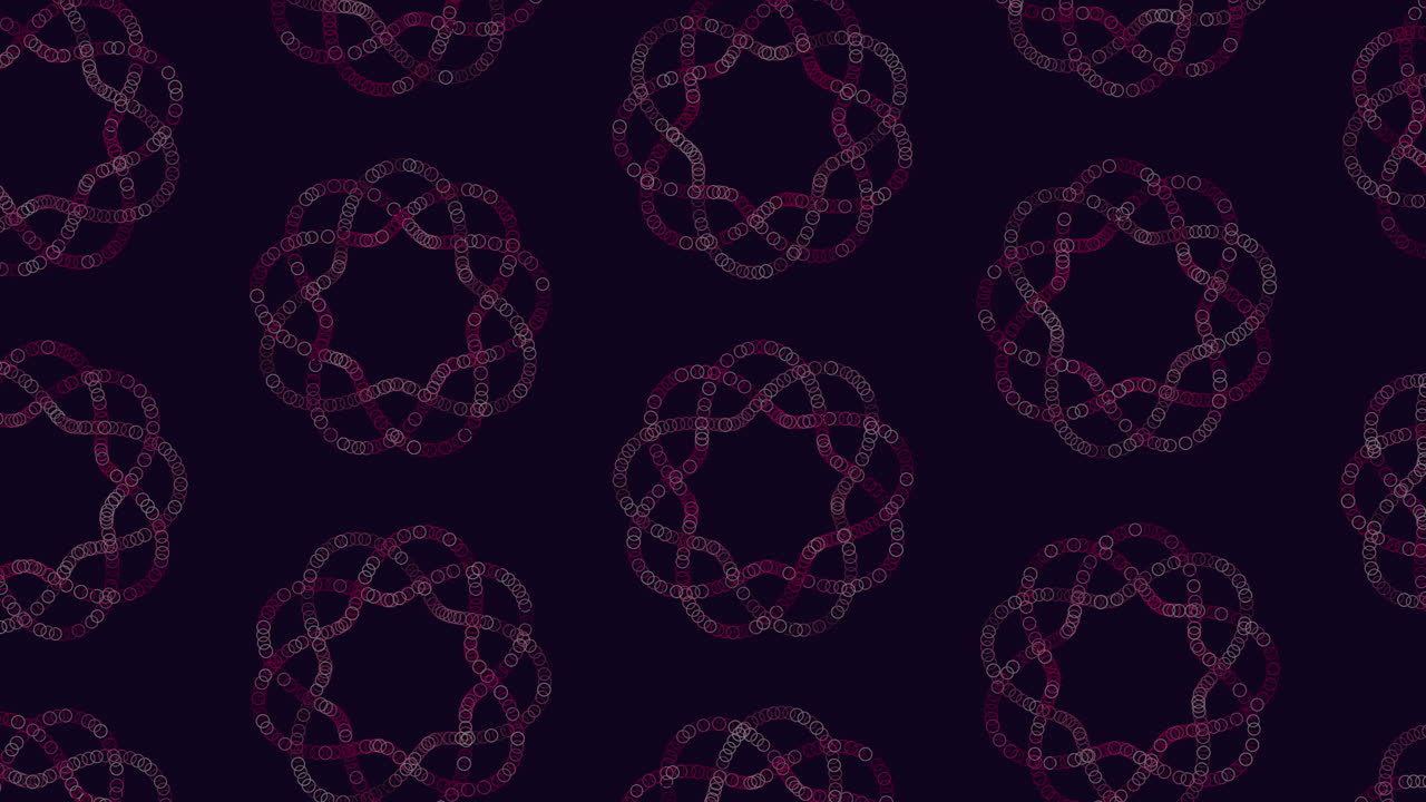 An intricate circular pattern with lines connecting the circles set against a dark background. The interwoven circles and curved lines create a fluid and dynamic visual composition